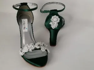 Hunter Green Wedding Shoes with Block Heel Lace Design