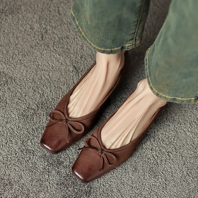 Isyou ibeauty Square Toe Bow Detail Chunky Heel Ballet Shoes Y2529