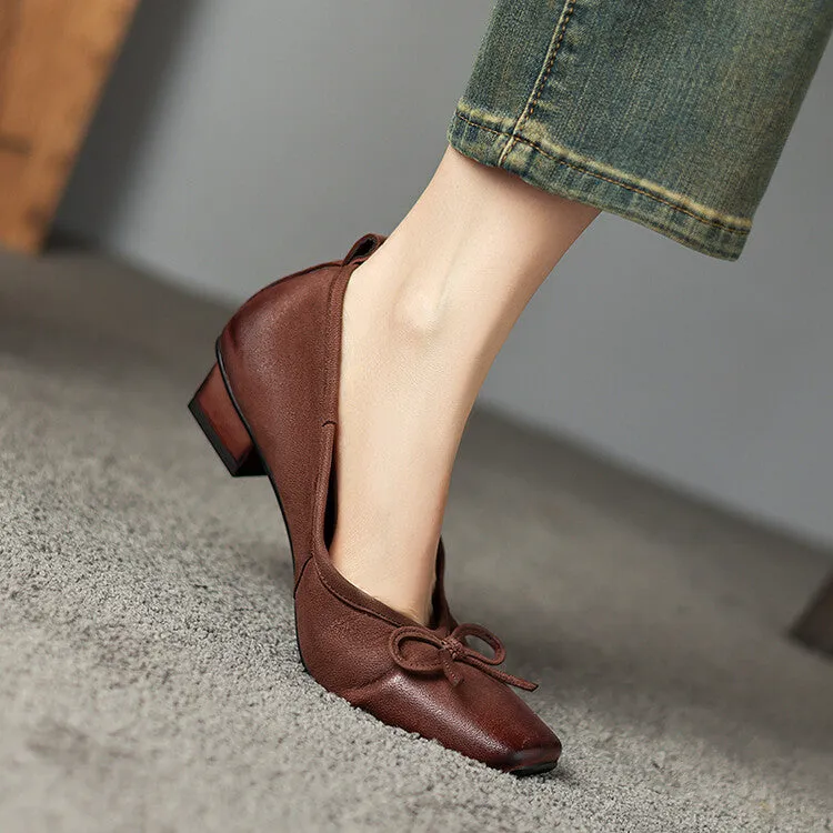 Isyou ibeauty Square Toe Bow Detail Chunky Heel Ballet Shoes Y2529