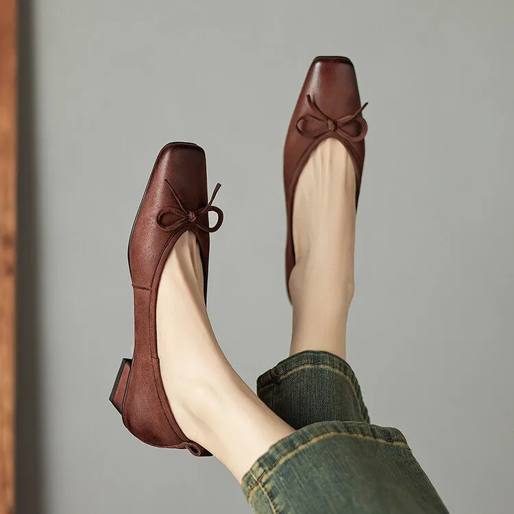 Isyou ibeauty Square Toe Bow Detail Chunky Heel Ballet Shoes Y2529