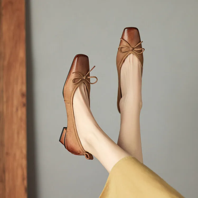 Isyou ibeauty Square Toe Bow Detail Chunky Heel Ballet Shoes Y2529