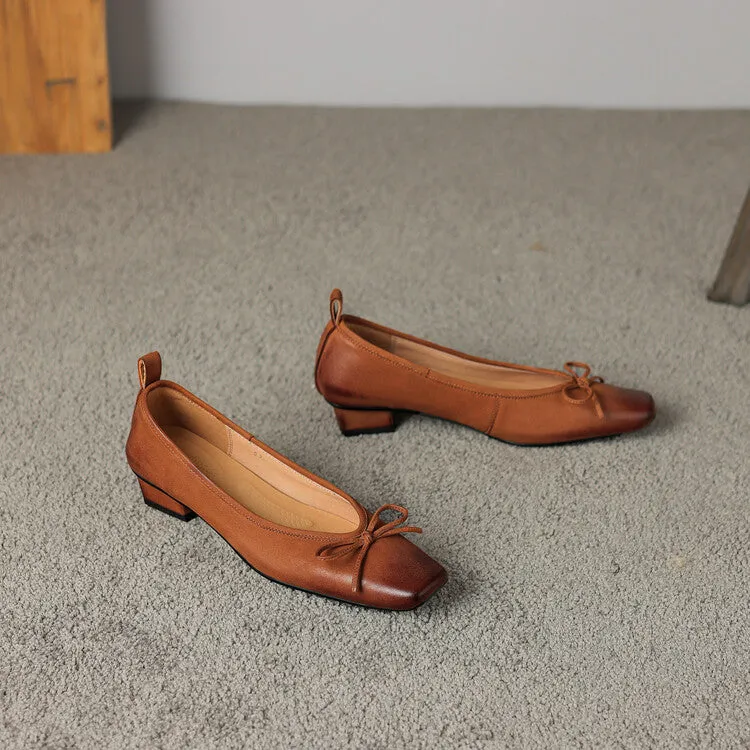 Isyou ibeauty Square Toe Bow Detail Chunky Heel Ballet Shoes Y2529