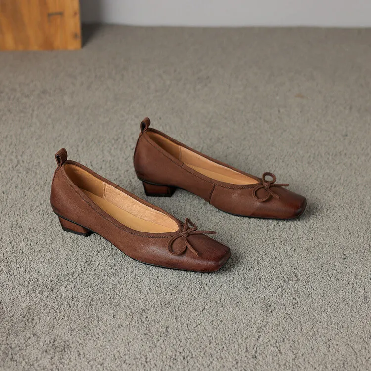 Isyou ibeauty Square Toe Bow Detail Chunky Heel Ballet Shoes Y2529
