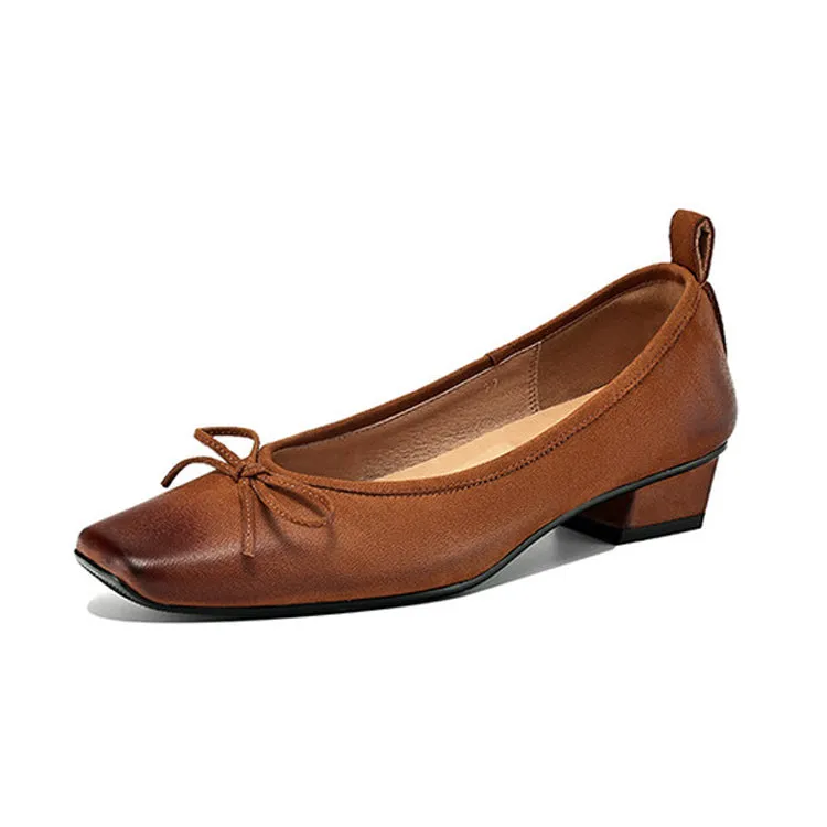 Isyou ibeauty Square Toe Bow Detail Chunky Heel Ballet Shoes Y2529