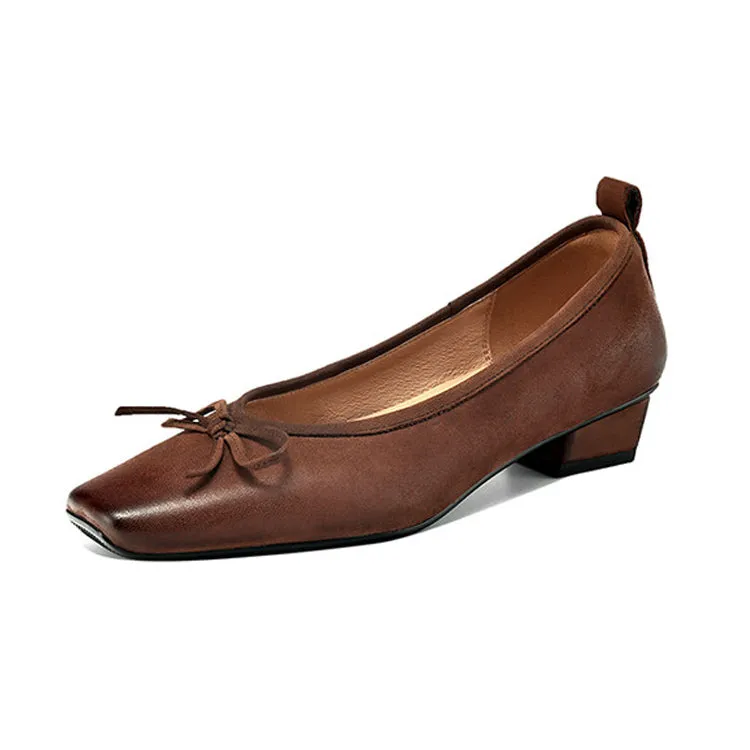 Isyou ibeauty Square Toe Bow Detail Chunky Heel Ballet Shoes Y2529