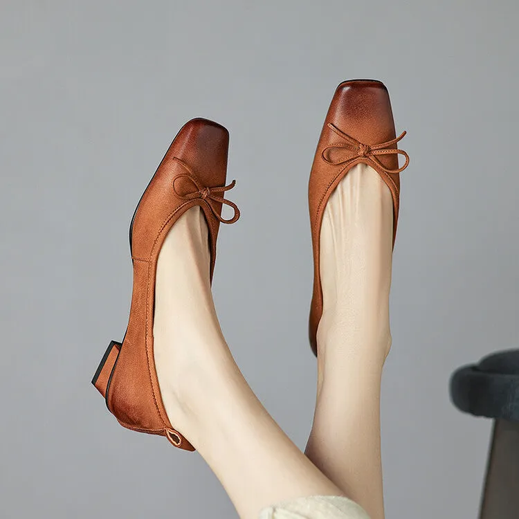 Isyou ibeauty Square Toe Bow Detail Chunky Heel Ballet Shoes Y2529