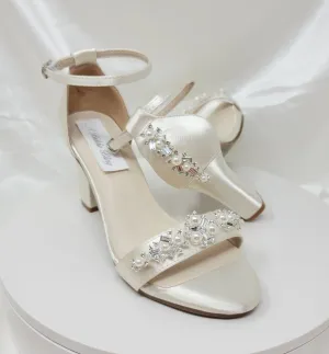 Ivory Block Heel Bridal Shoes Crystal and Pearl Design