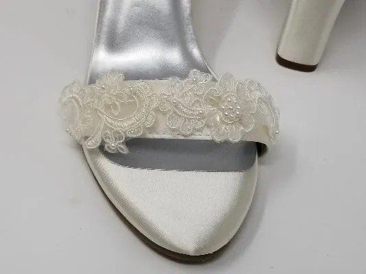Ivory Wedding Shoes with Block Heel and Lace Design