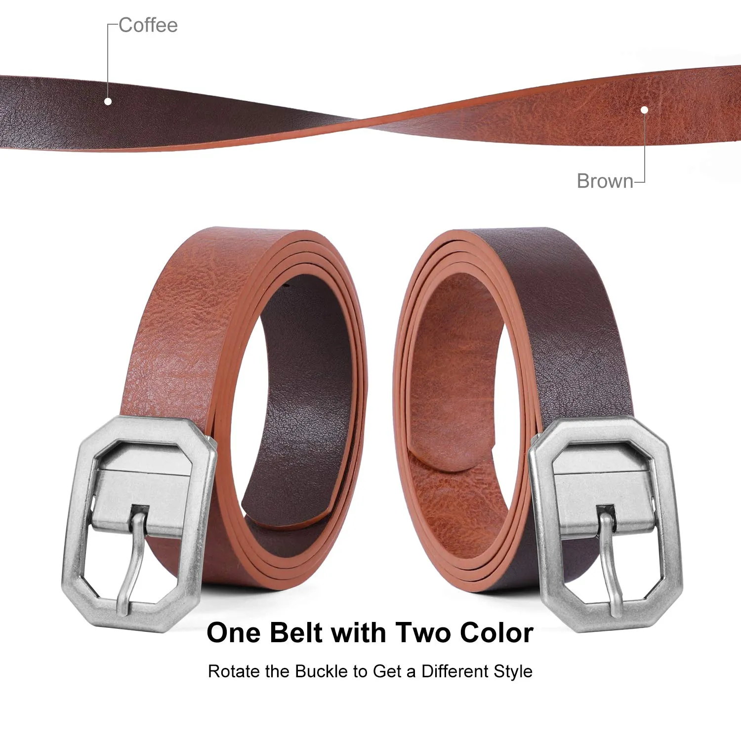 JASGOOD Women Leather Reversible Belt, Ladies Belt for Jeans with Rotated Buckle