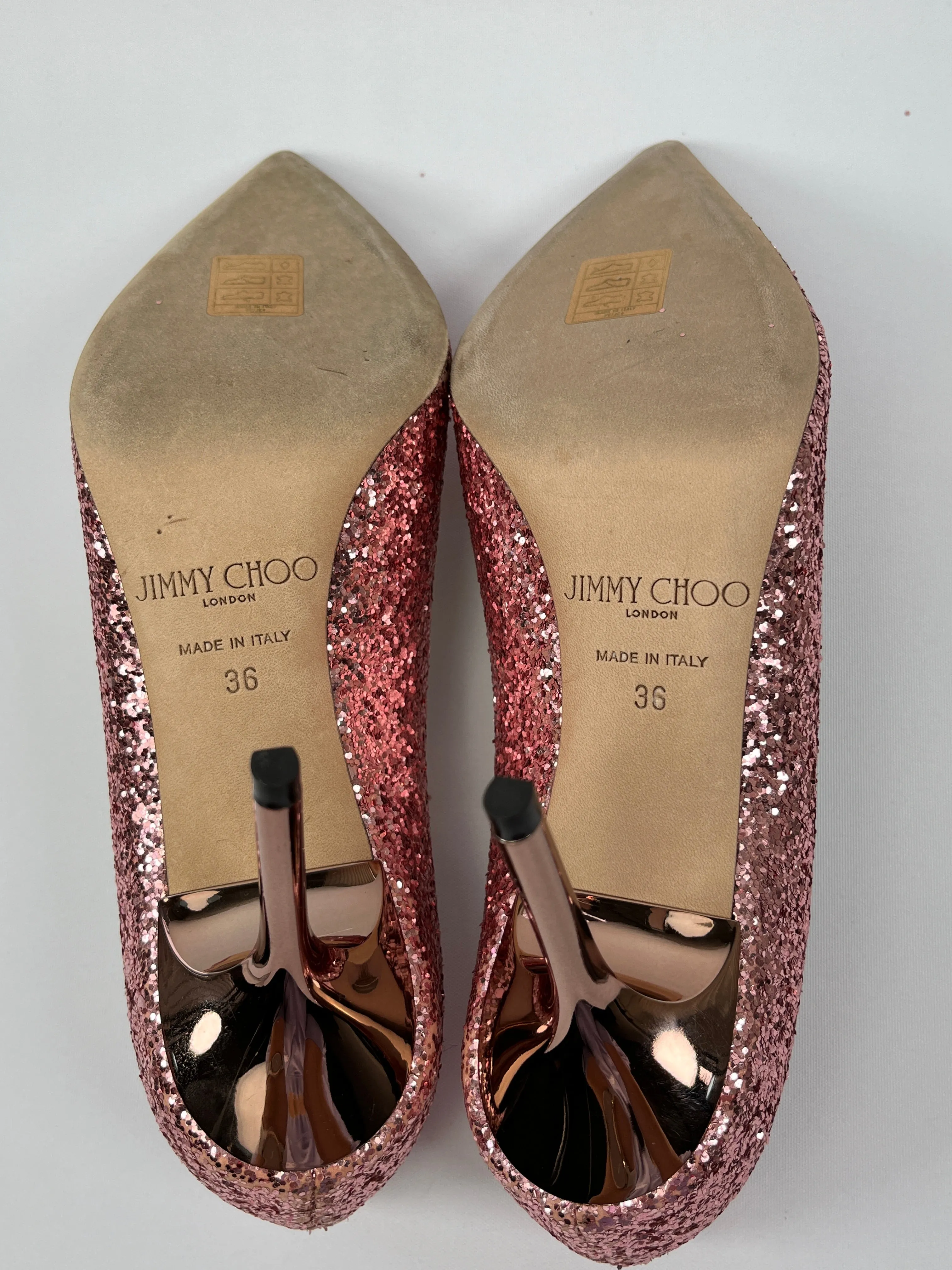 JIMMY CHOO - ROMY 85 GLITTER PINK PUMPS - SZ 36