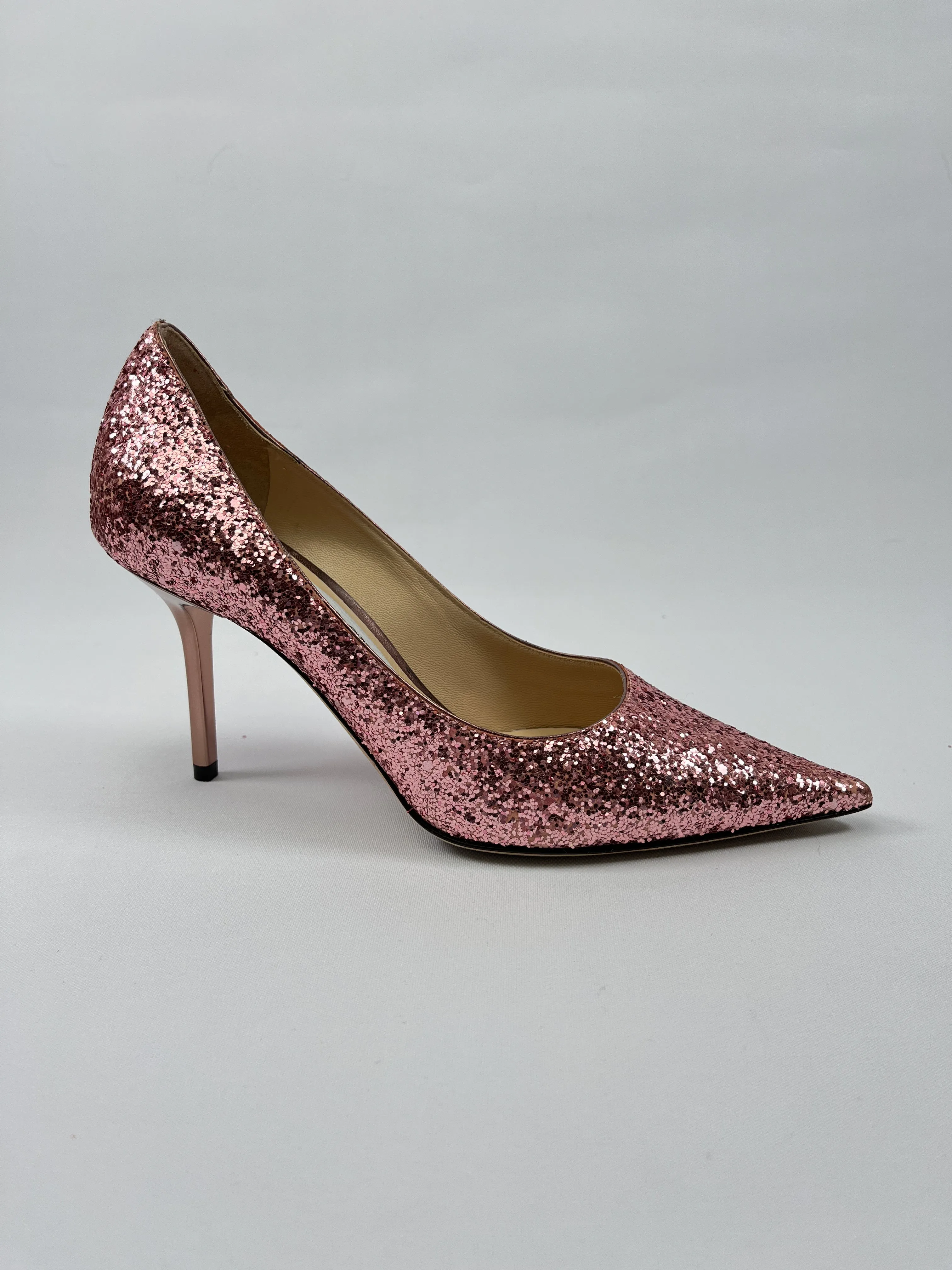 JIMMY CHOO - ROMY 85 GLITTER PINK PUMPS - SZ 36