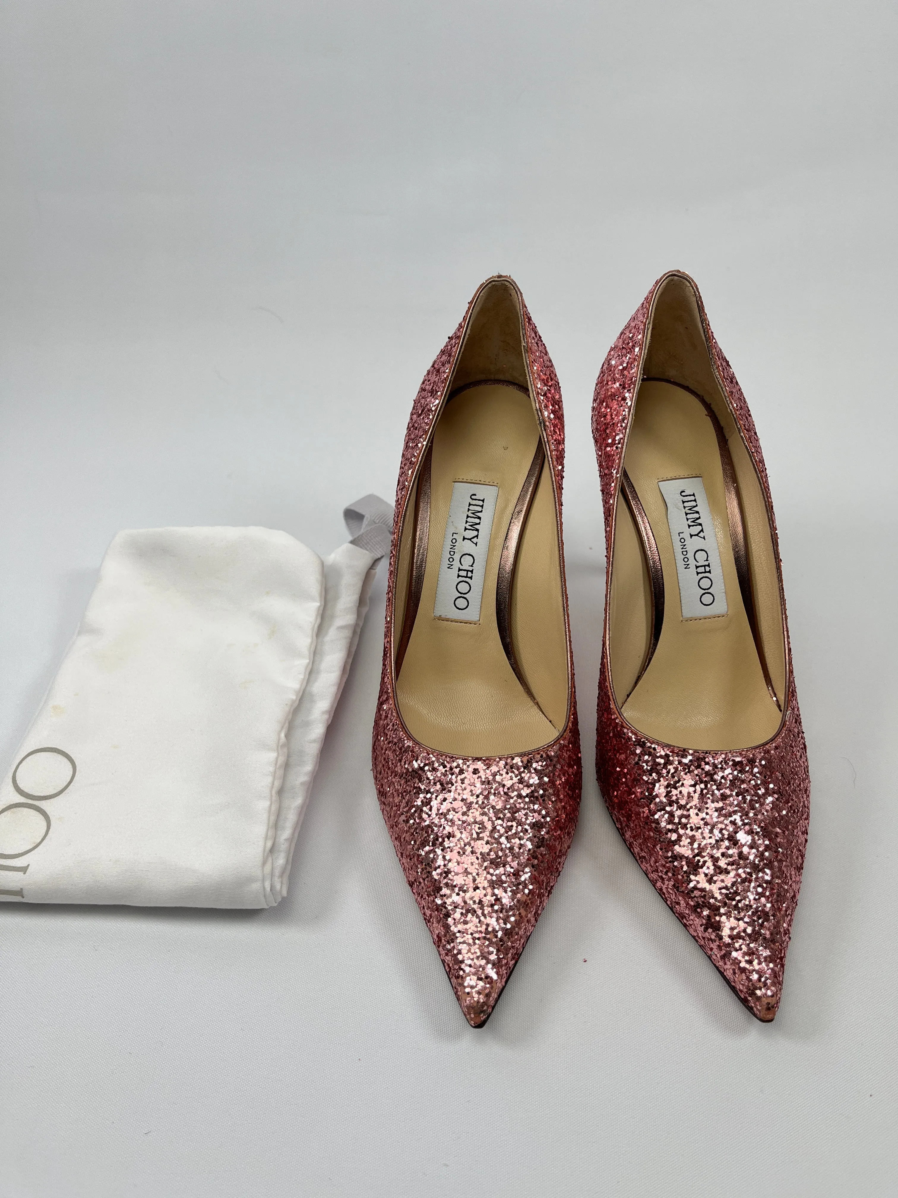 JIMMY CHOO - ROMY 85 GLITTER PINK PUMPS - SZ 36