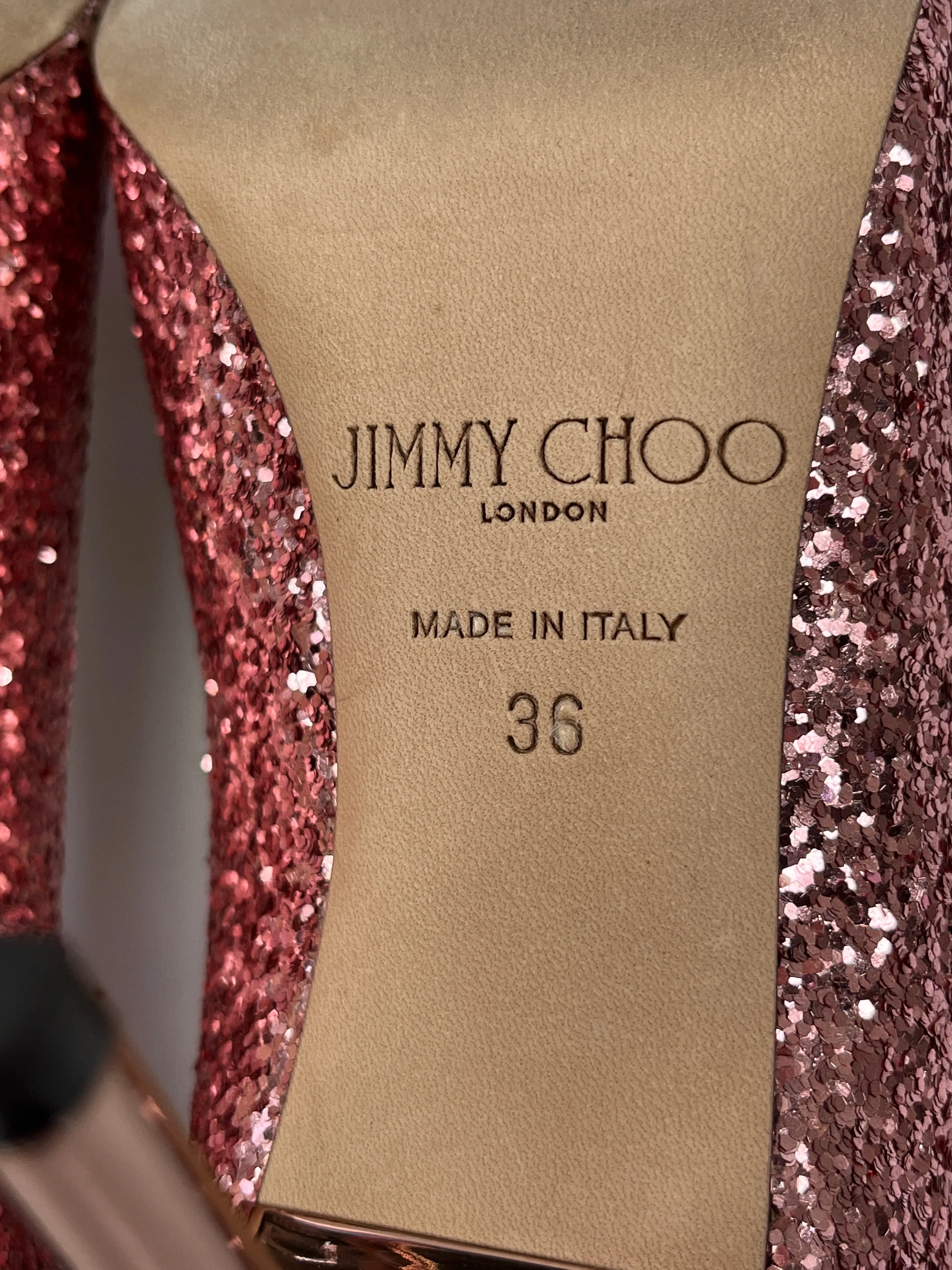 JIMMY CHOO - ROMY 85 GLITTER PINK PUMPS - SZ 36