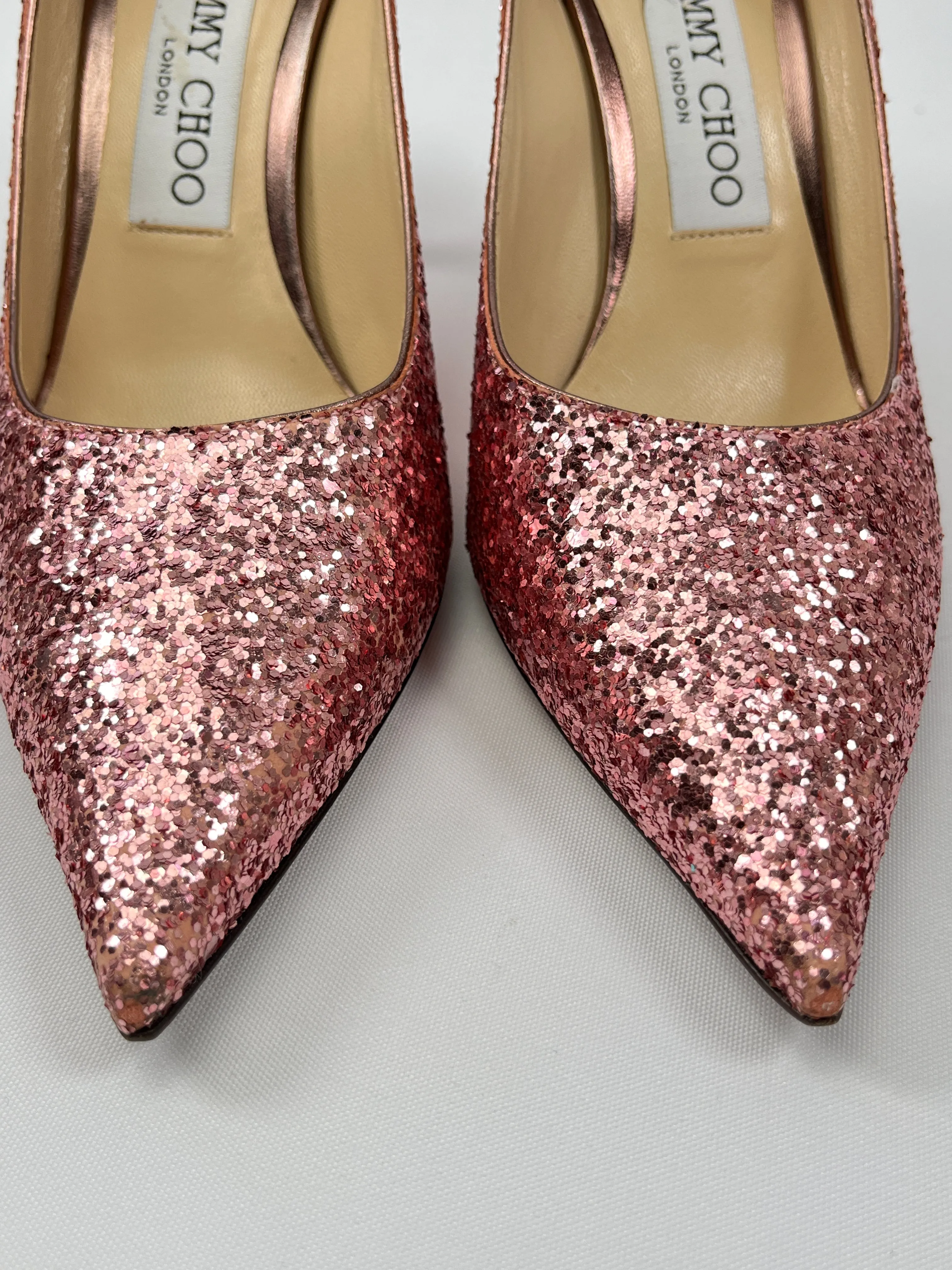 JIMMY CHOO - ROMY 85 GLITTER PINK PUMPS - SZ 36