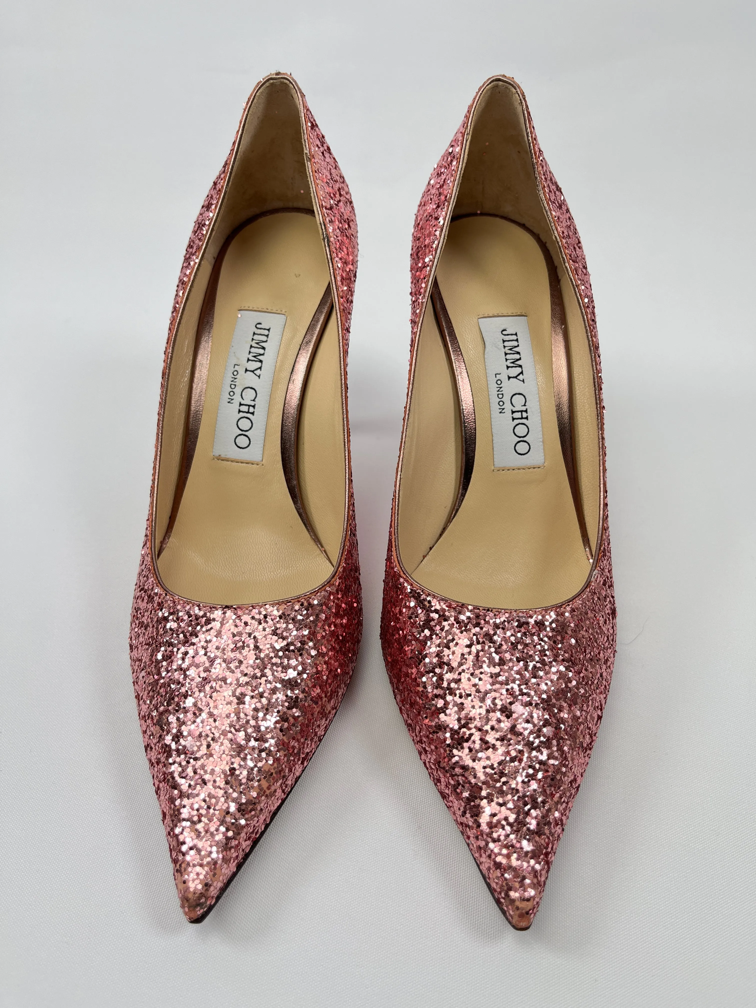 JIMMY CHOO - ROMY 85 GLITTER PINK PUMPS - SZ 36
