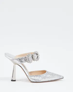 Jimmy Choo Silver Glitter Crystal Buckle Marta Mule Heels - 39