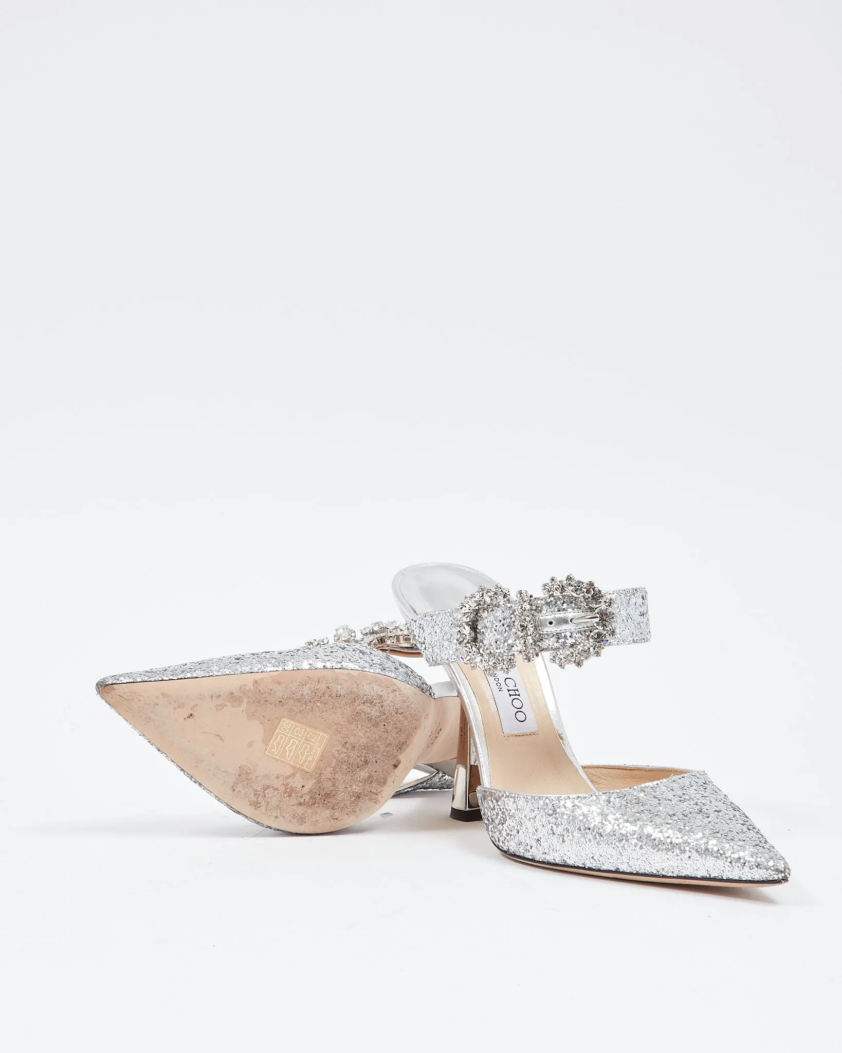 Jimmy Choo Silver Glitter Crystal Buckle Marta Mule Heels - 39