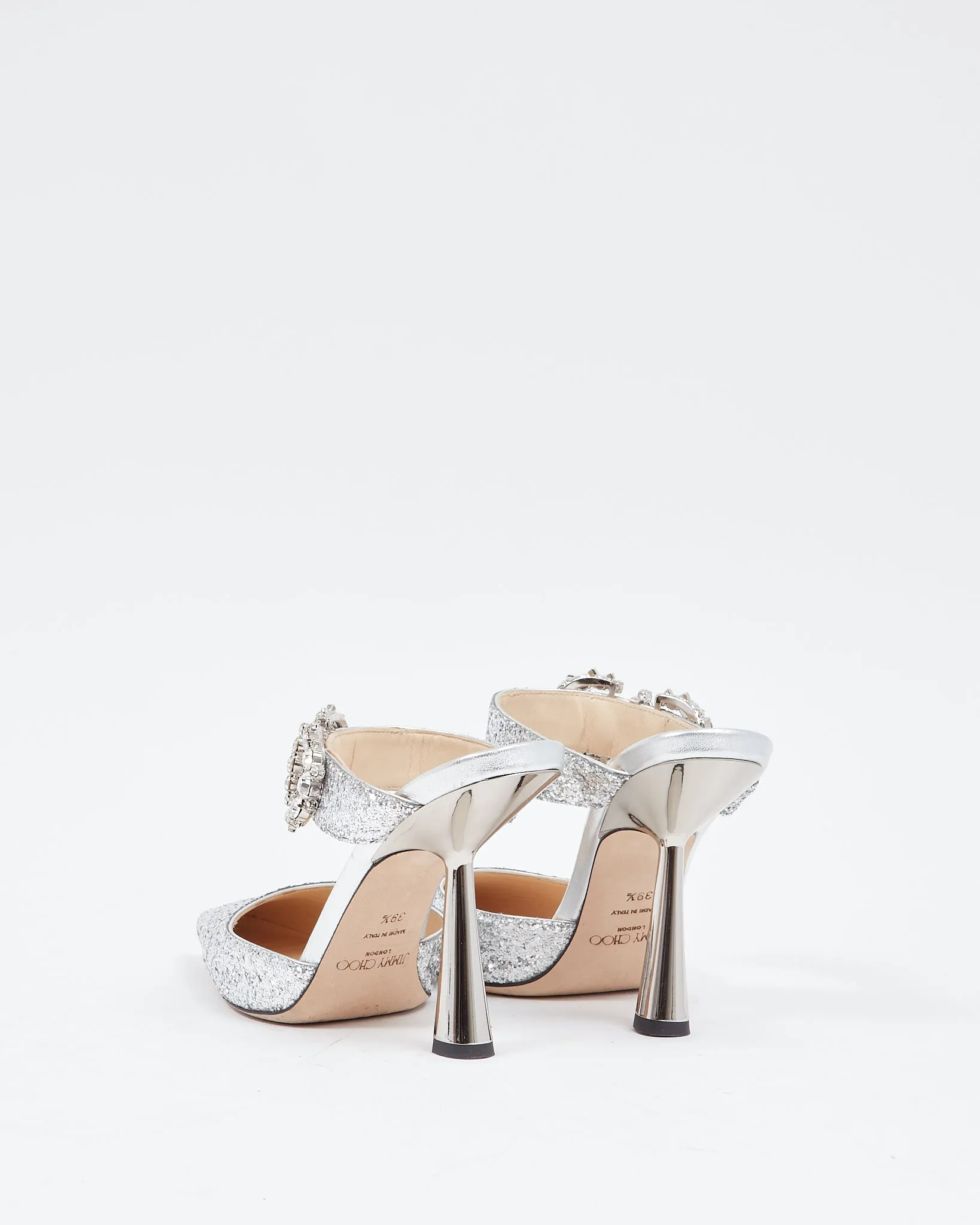 Jimmy Choo Silver Glitter Crystal Buckle Marta Mule Heels - 39
