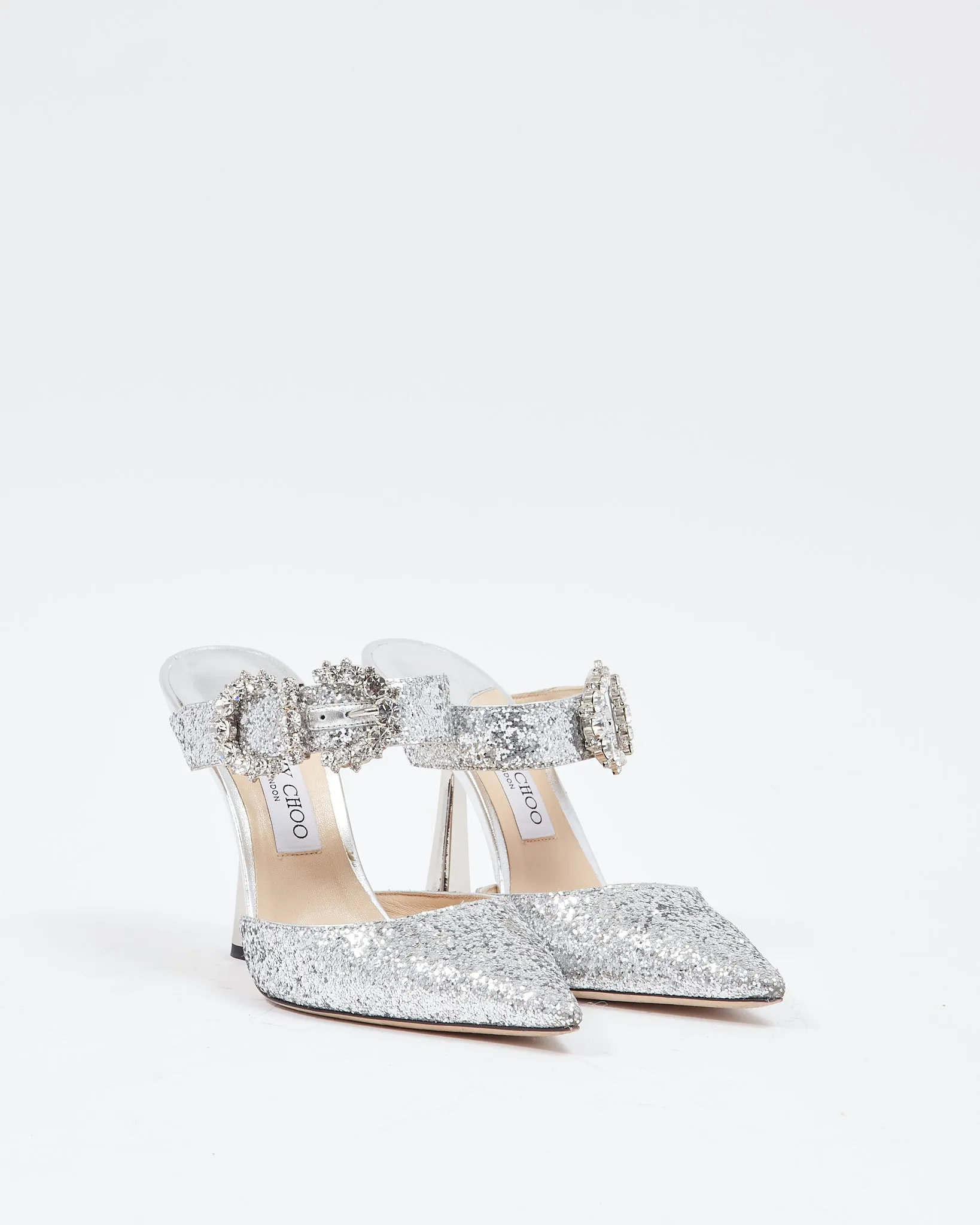 Jimmy Choo Silver Glitter Crystal Buckle Marta Mule Heels - 39