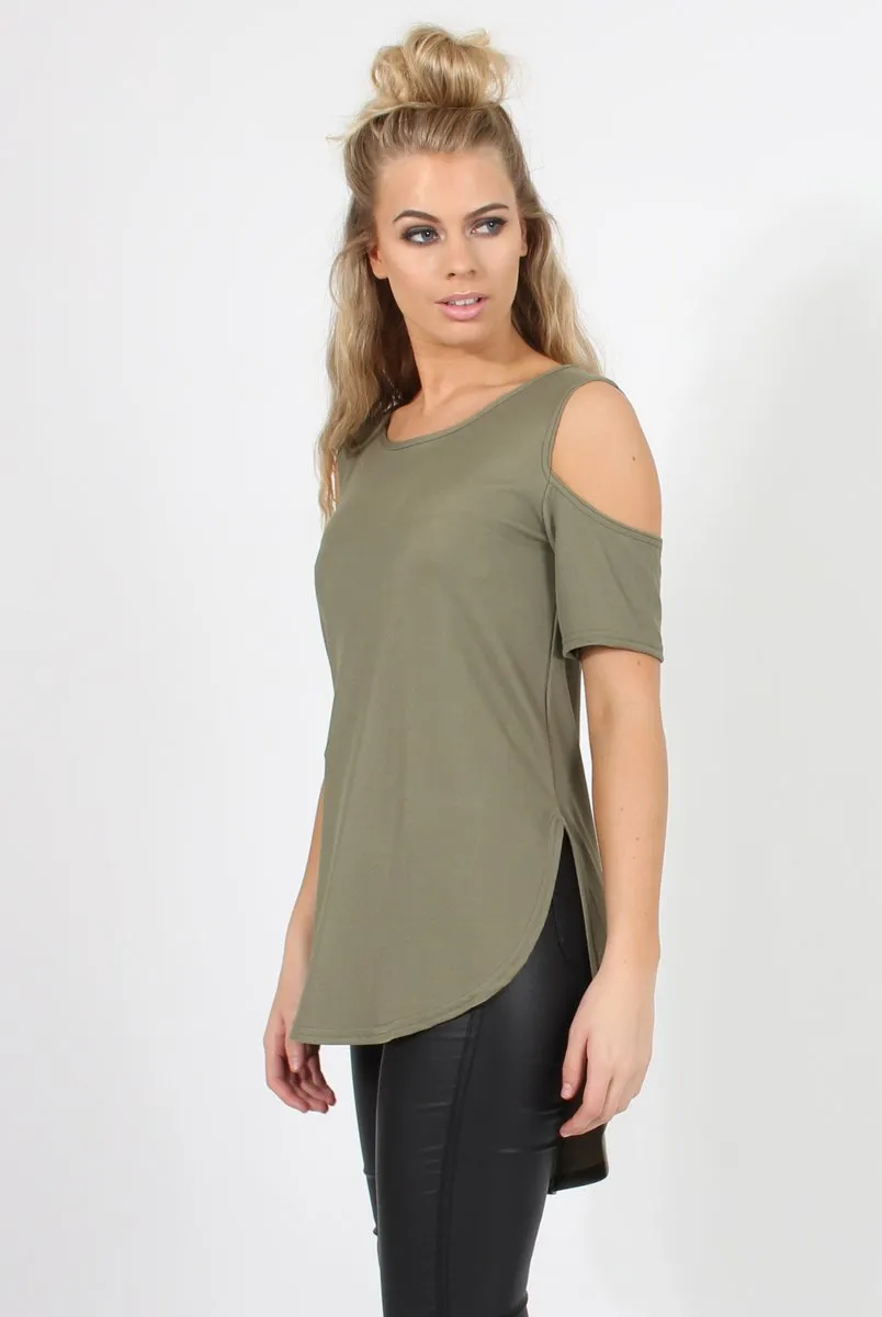 Khaki Cold Shoulder Dipped Hem Top - Kay