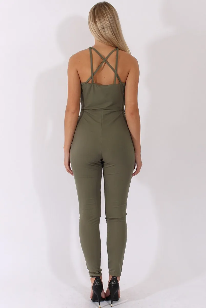 Khaki Front Harness Fitted Jumpsuit - Bette