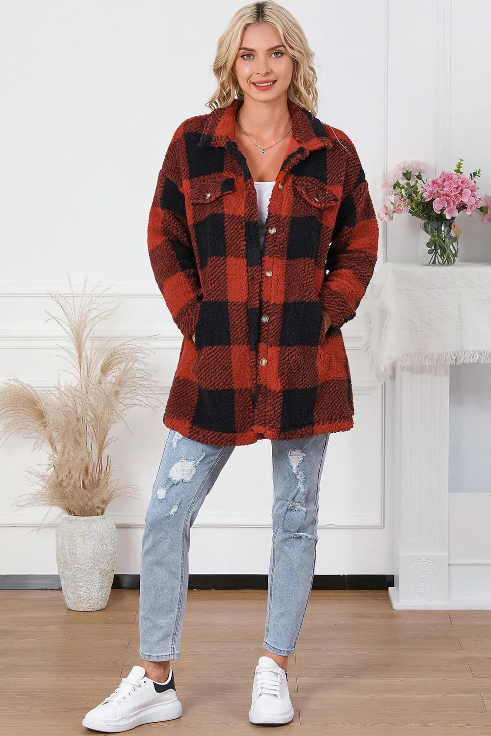 Khaki Fuzzy Plaid Flap Button Up Midi Coat