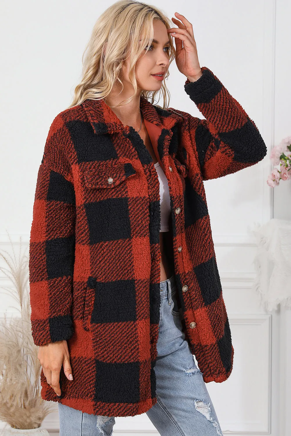 Khaki Fuzzy Plaid Flap Button Up Midi Coat
