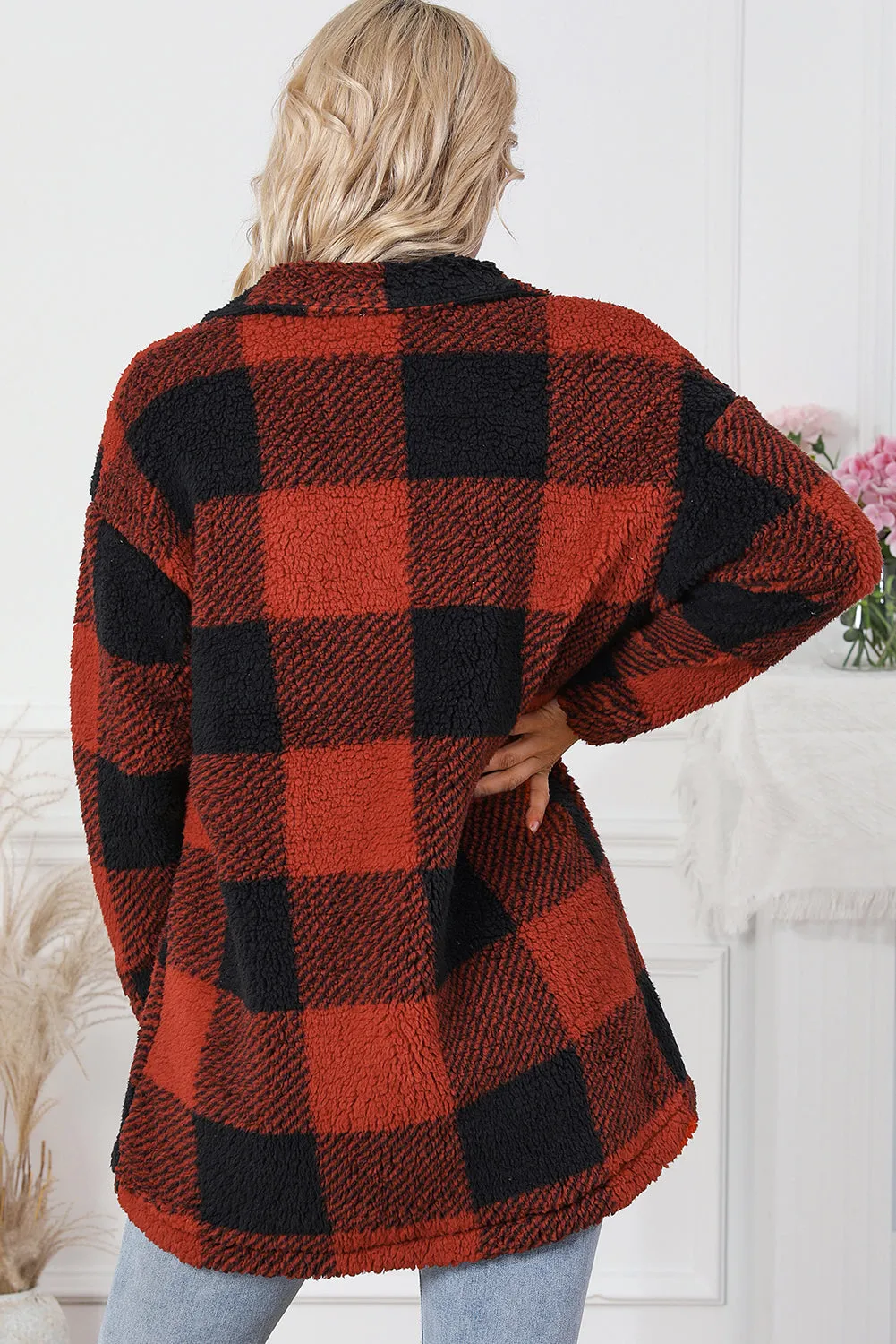 Khaki Fuzzy Plaid Flap Button Up Midi Coat
