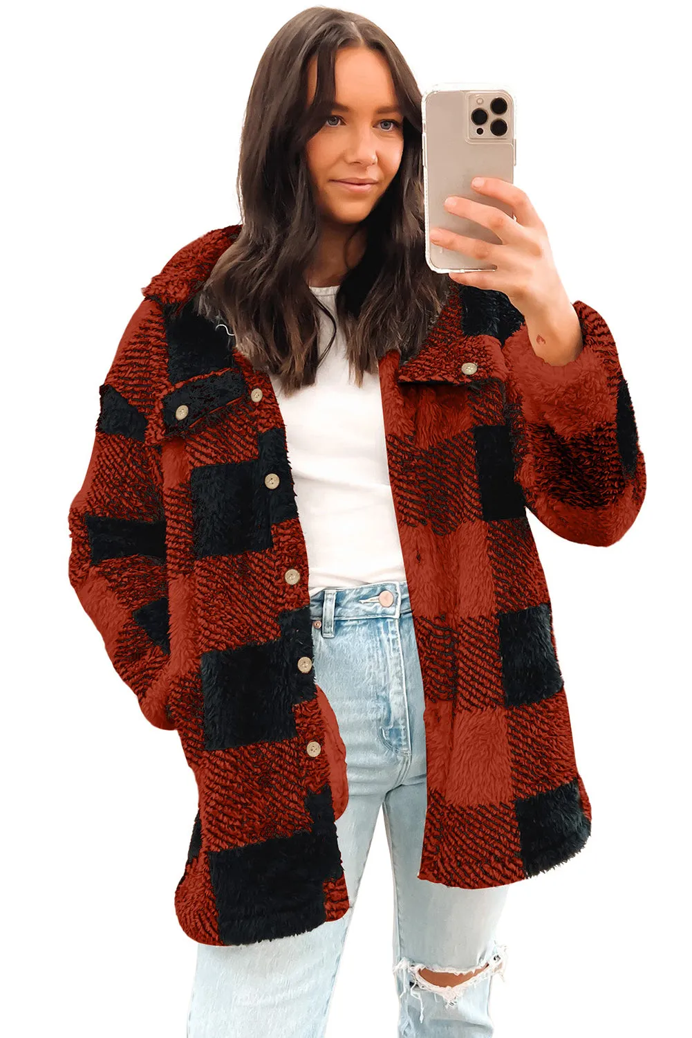 Khaki Fuzzy Plaid Flap Button Up Midi Coat