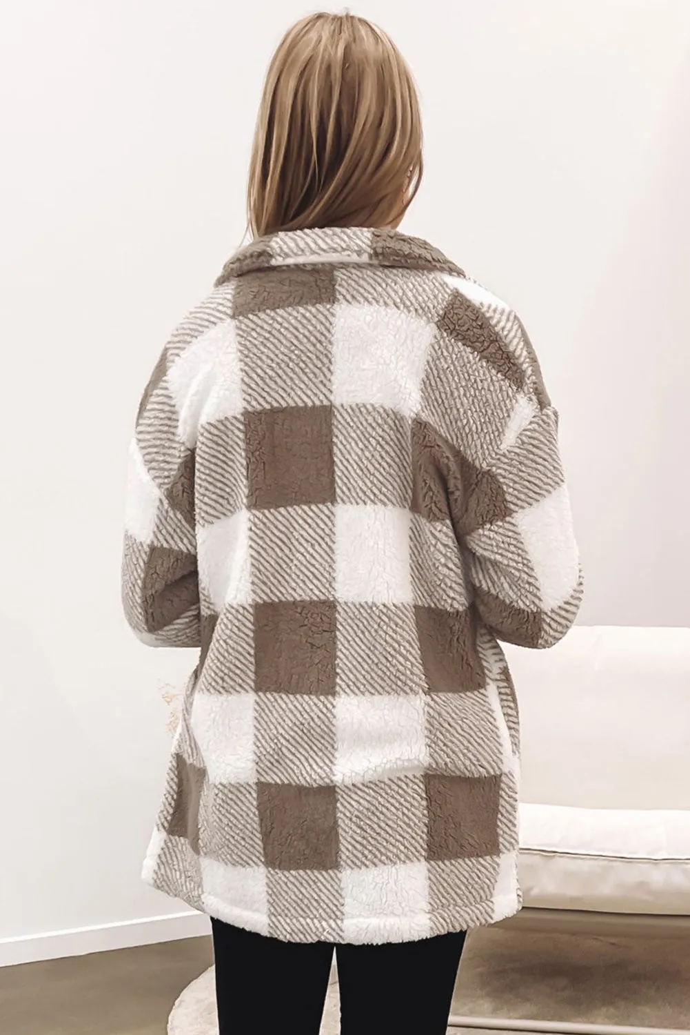 Khaki Fuzzy Plaid Flap Button Up Midi Coat