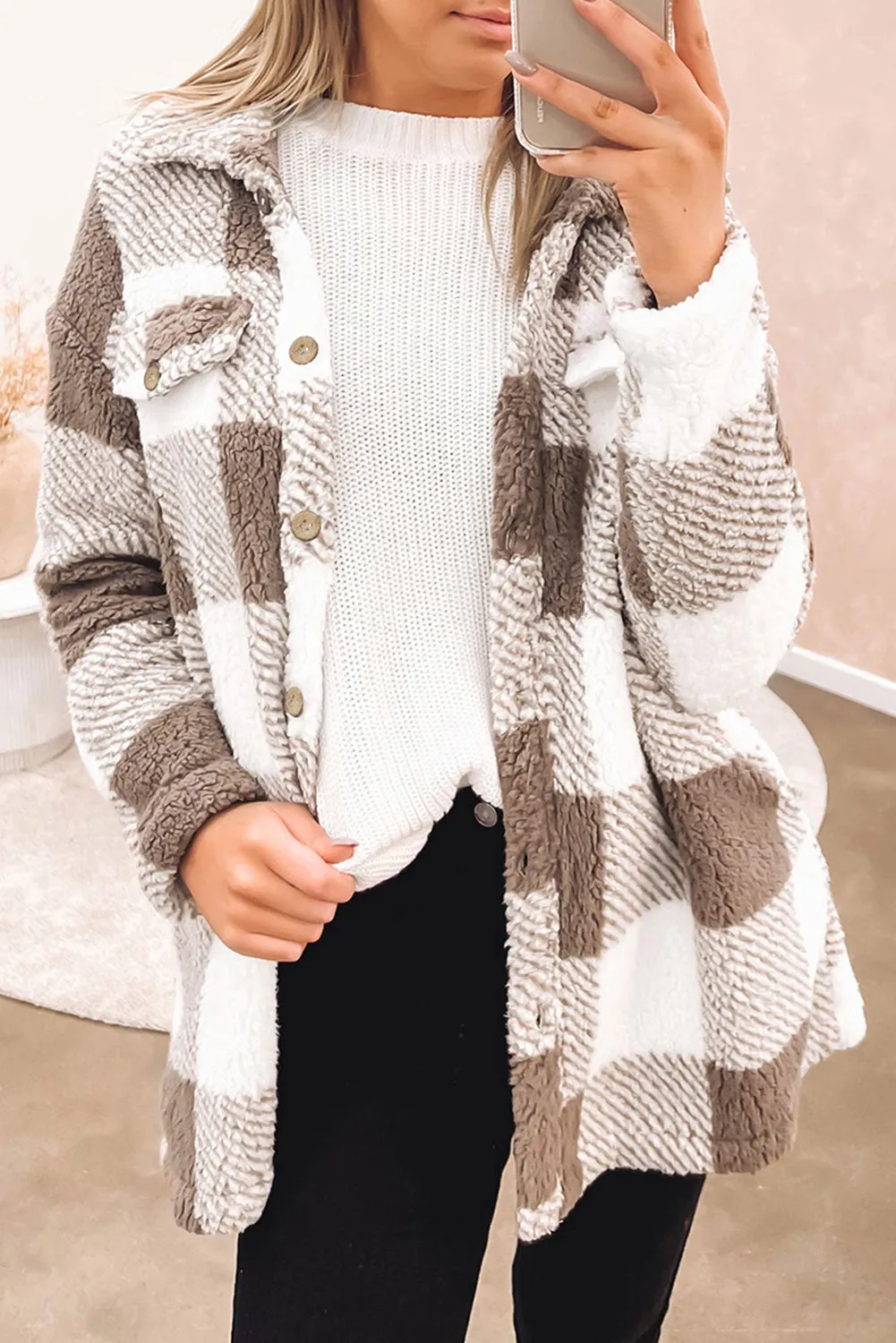 Khaki Fuzzy Plaid Flap Button Up Midi Coat