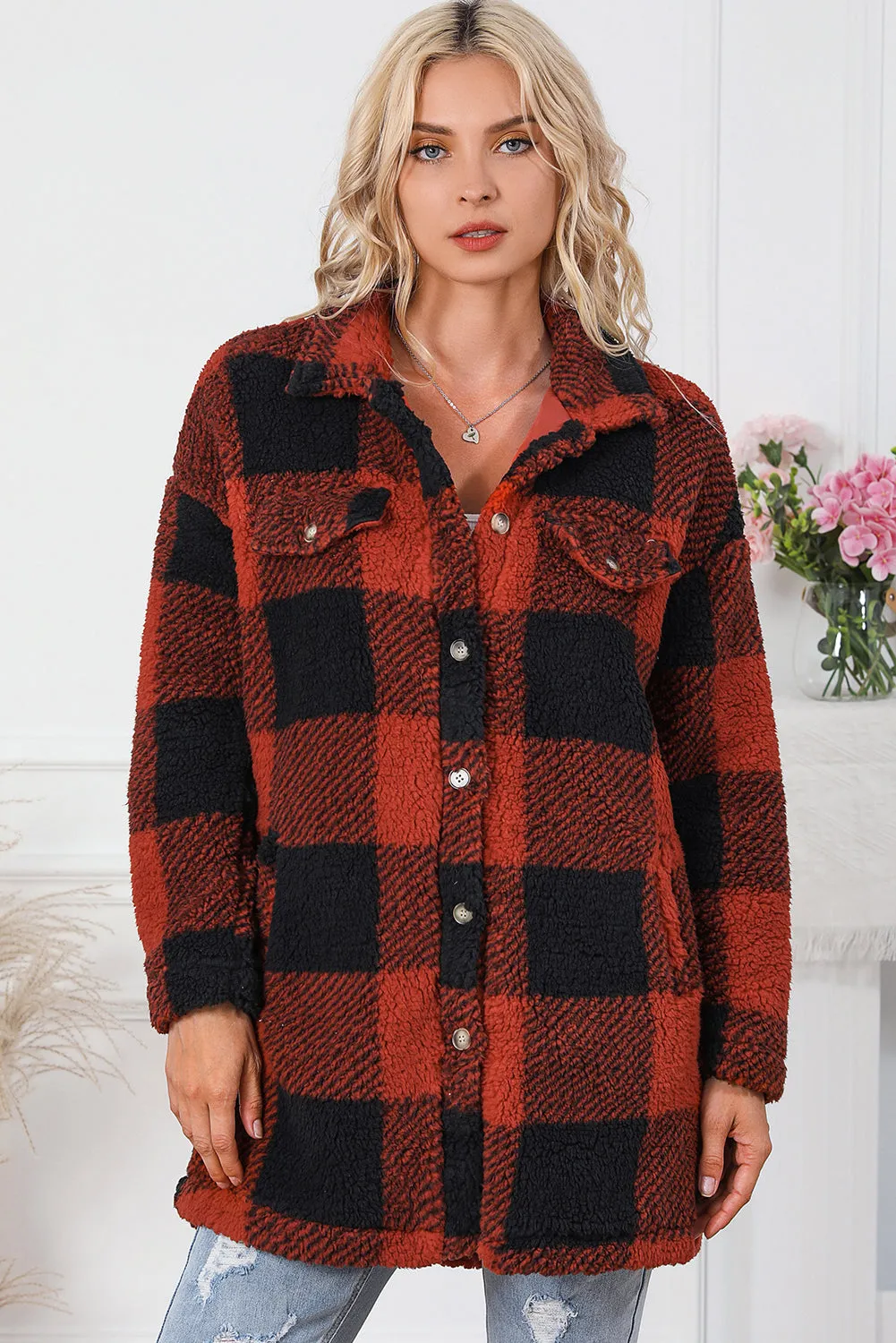Khaki Fuzzy Plaid Flap Button Up Midi Coat