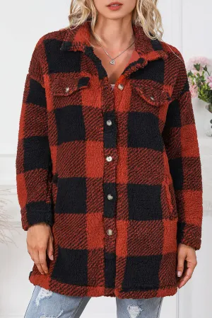 Khaki Fuzzy Plaid Flap Button Up Midi Coat