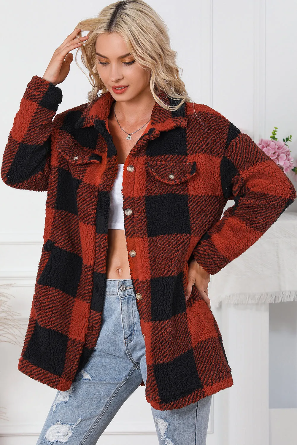 Khaki Fuzzy Plaid Flap Button Up Midi Coat