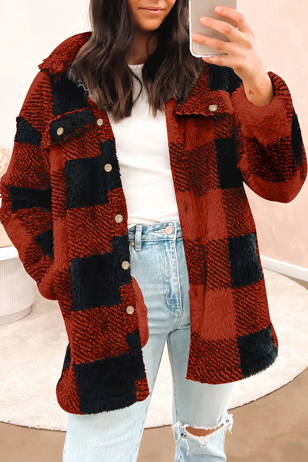 Khaki Fuzzy Plaid Flap Button Up Midi Coat