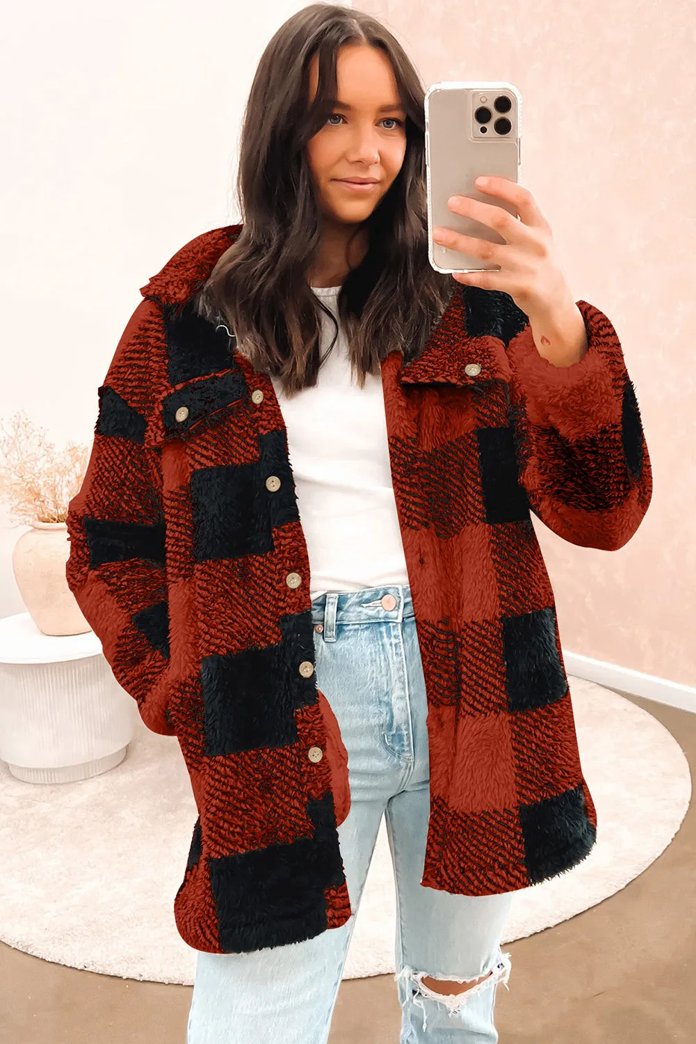 Khaki Fuzzy Plaid Flap Button Up Midi Coat