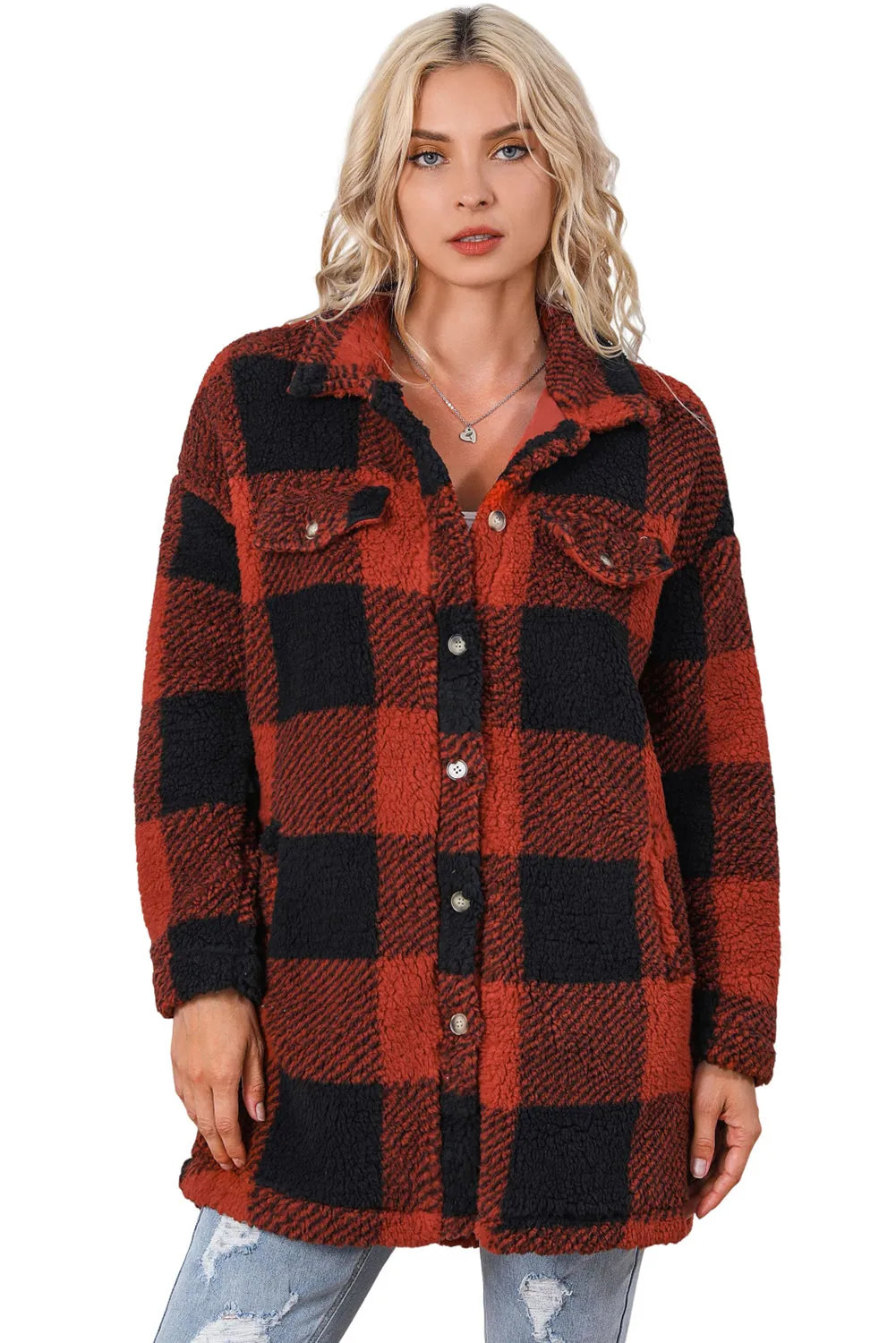 Khaki Fuzzy Plaid Flap Button Up Midi Coat
