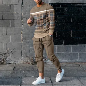 Khaki Plaid Long-Sleeved T-Shirt Pants Suit