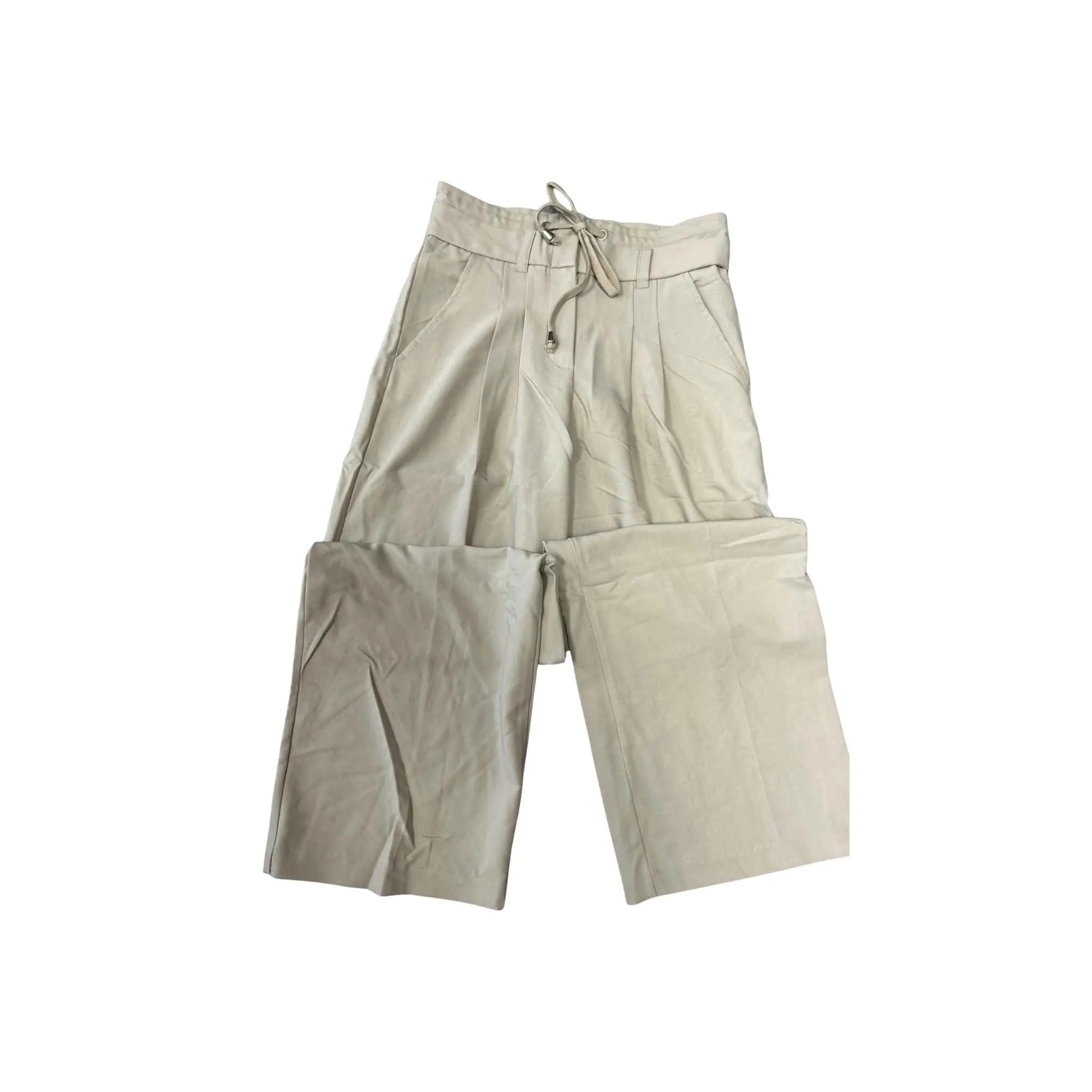 Khaki Wide Leg Dress Pants with Drawstring Waist