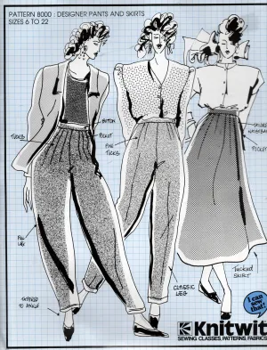 Knitwit 8000 Womens Designer Stretch Tapered Pants & Skirts 1980s Vintage Sewing Pattern Size 6 - 22 UNCUT Factory Folded