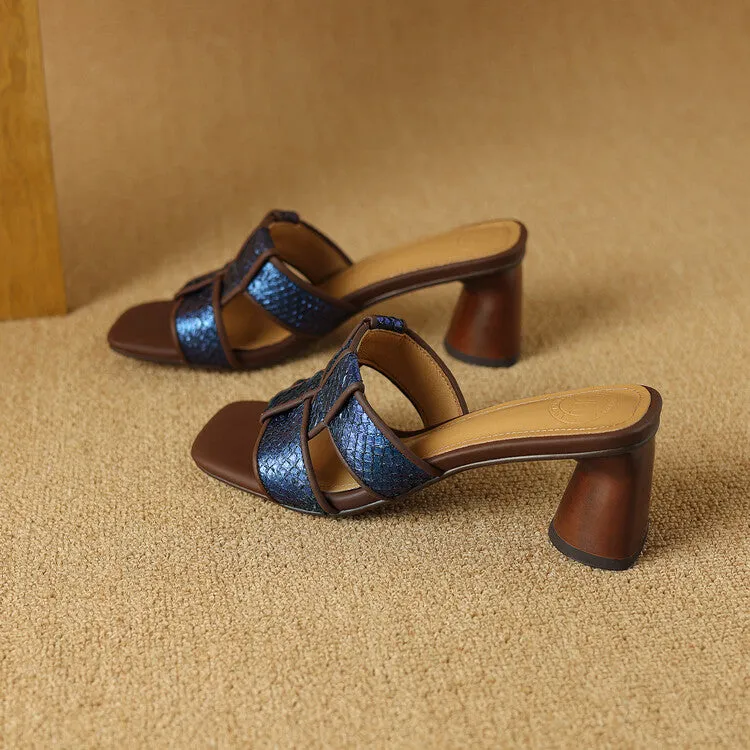 Ladies Block Heel Woven Flat Slide Sandals