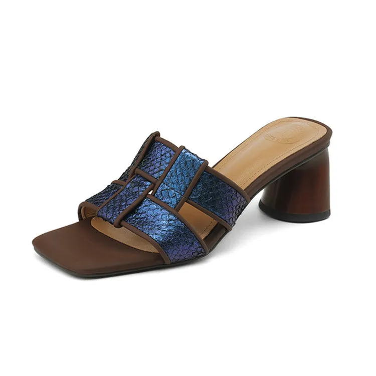 Ladies Block Heel Woven Flat Slide Sandals