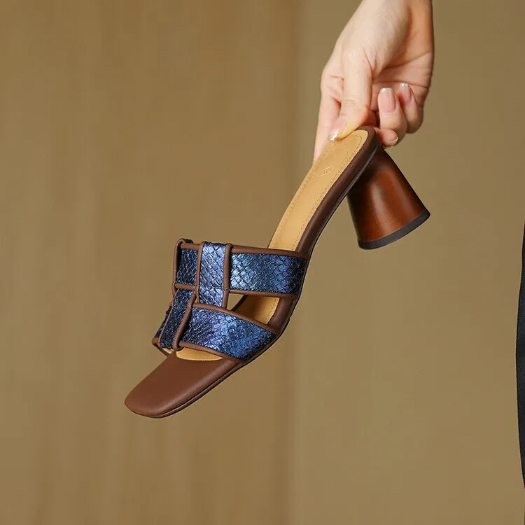 Ladies Block Heel Woven Flat Slide Sandals