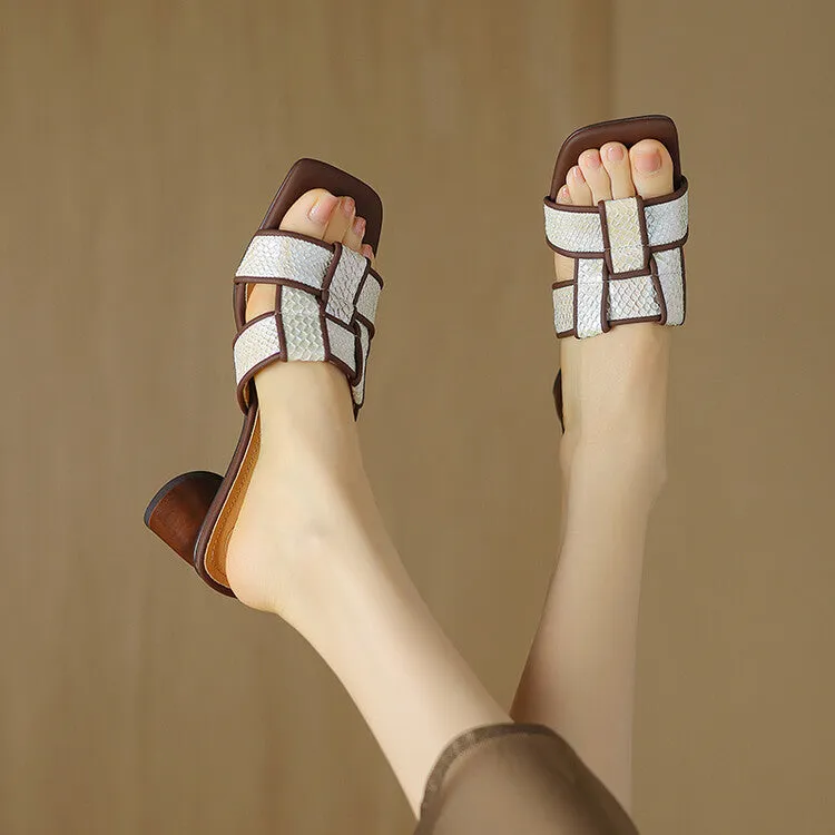 Ladies Block Heel Woven Flat Slide Sandals