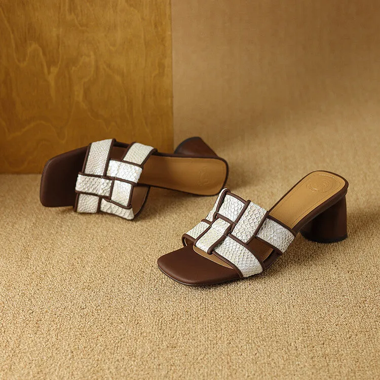 Ladies Block Heel Woven Flat Slide Sandals