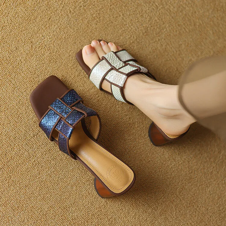 Ladies Block Heel Woven Flat Slide Sandals
