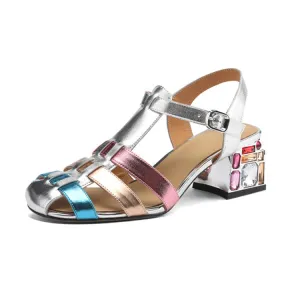 Ladies Closed Toe Leather Block Heel Gladiator Sandals