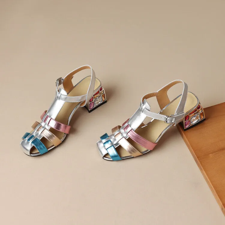 Ladies Closed Toe Leather Block Heel Gladiator Sandals