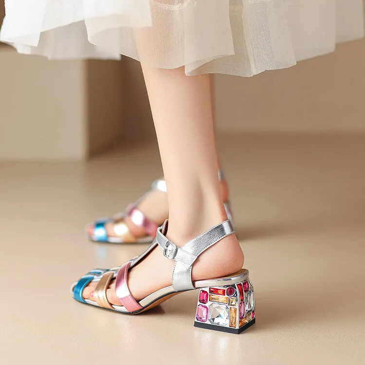 Ladies Closed Toe Leather Block Heel Gladiator Sandals