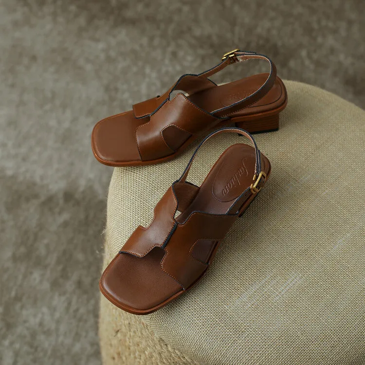 Ladies Open Toe Leather Block Heel Sandals